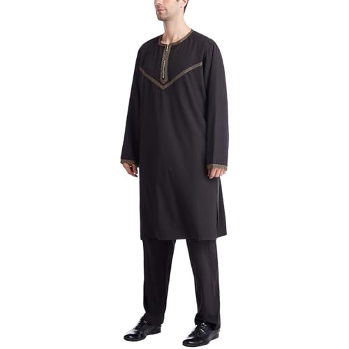 Generic Men's Muslim Robe 2 Piece Set Islamic Arab Kaftans for Men Eid Muslim Thobe Clothes Dubai Ramadan Daily Clothes3