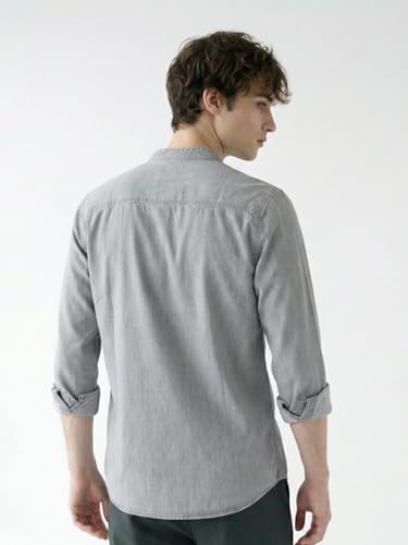 Image of Amazon Brand - INKAST Men Washed Cotton Twill Denim Casual Button Down Shirt | Mandarin Collar | Full Sleeves | Regular Fit | Stylish Summer - Everyday Wear