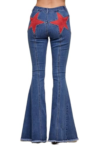Women's Flare Bell Bottom High Waist Jeans Vintage Star Patch Stretchy Denim Pants Wide Leg Bootcut Jeans Trousers