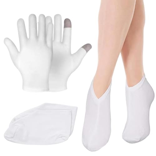 KEQAR Juego de 2 Piezas, Guantes Hidratantes y Cubiertas para Pies de Algodón, para Cuidado de la Piel Durante la Noche, Dermatitis, Hidratación de Manos e Inspección de Joyas (Blancos)