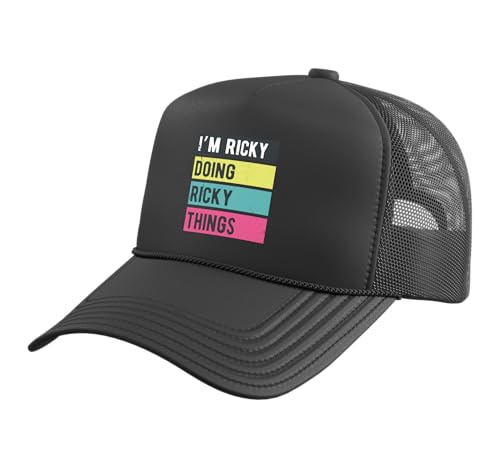 Doing Ricky Things Funny Personalized Names Retro Trucker Hat with Adjustable Mesh Back, Black