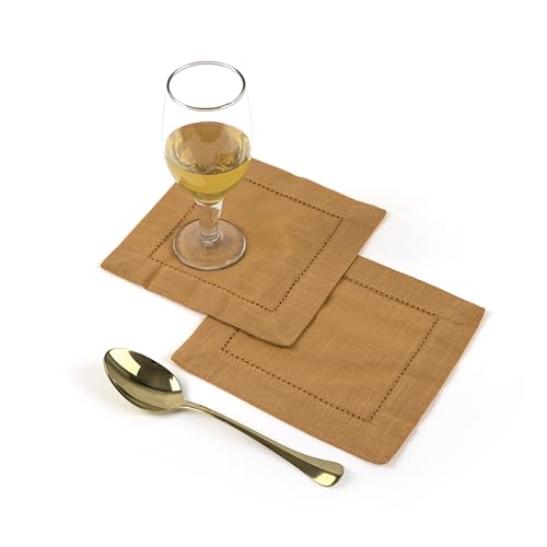 Image of Fingercraft Cotton Cocktail Napkins 6x6 Inches - Set of 12 Reusable Cloth Beverage Coasters with Elegant Ladder Hemstitch - Perfect for Parties, Bars & Home Use (Brown Slub)