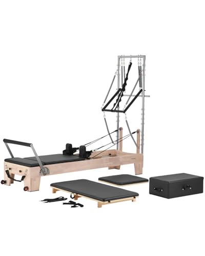 VEVOR Pilates Reformer, Wooden Pilates Machine for Home Gym Studio, Strength Training Workout Equipment with Dual Resistance, Reformer Box, Jump Board, for Advanced Users and Beginners, Up to 400 LBS