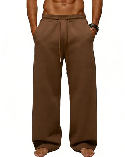 Image of Men's Baggy Sweatpants Wide Leg Fleece Lounge Joggers with Deep Pockets | Soft 65% poly 35% cotton stretch blend, outer drawstring, open bottom, relaxed fit for gym, travel, errands and daily wear