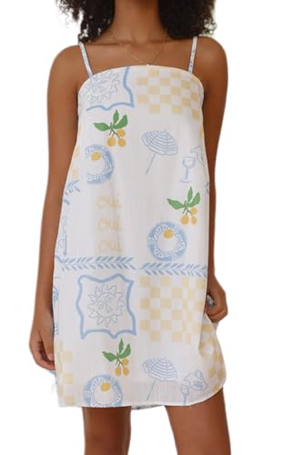 Image of NUFIWI Women Boho Graffiti Cami Mini Dress Spaghetti Strap Printed A Line Short Dress Backless Cut Out Colorful Sundress