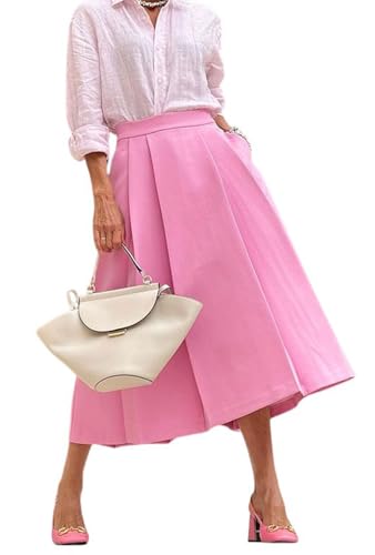 CHARTOU Women Elegant Pink Skirt High Waist Pleated A-Line Midi Long Skirt with Pockets