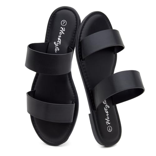Image of Herstyle Flat Sandals for Women, Double Strap Slide Sandals, Open Toe Slip On, Comfortable Cushioned Footbed Casual Summer Shoes for Daily Wear, Beach, Vacation, Clear Options