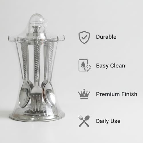 Image of Premium Stainless Steel Cutlery Set for Dining Table, 24 Pieces with Stand | Spoon & Fork Set Includes Dinner Spoons, Dinner Forks, Tea Spoons & Soup Spoons | Mirror Finish Flatware Set
