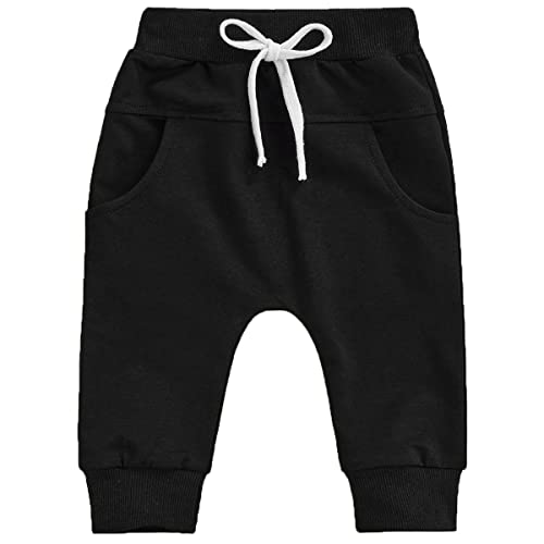 REWANGOING Toddler Baby Boy Girls Active Casual Solid Cotton Hiphop Harem Pants Bottoms Infant Sport Jogger Sweatpants B-Black
