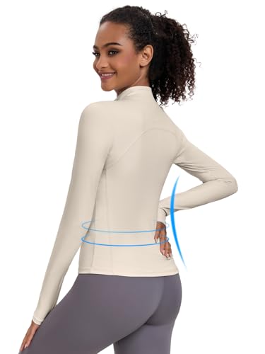 VUTRU Jaqueta feminina de ioga para treino leve e slim fit, jaqueta atlética com zíper completo, Beg