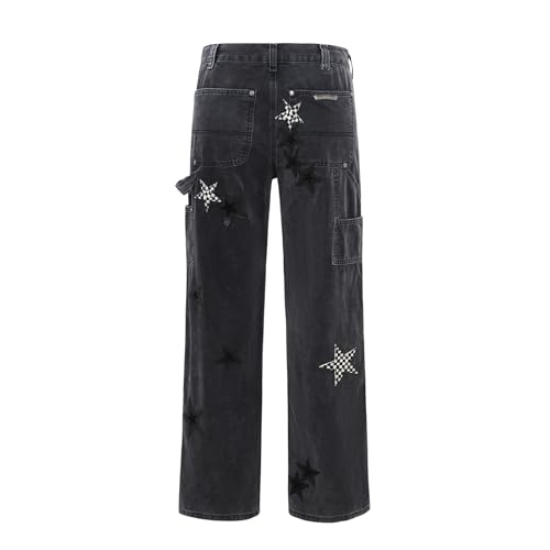 Mens Y2k Star Embroidery Jeans Streetwear High Waisted Loose Denim Pants2