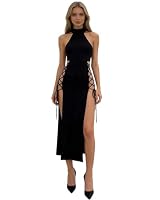Damen Neckholder Langes Kleid Sexy Cut Out Side Split Lace Up Straps Ärmellos Bodycon Maxikleider Cocktail Party Kleid, Schwarz, Klein – Ansicht 1