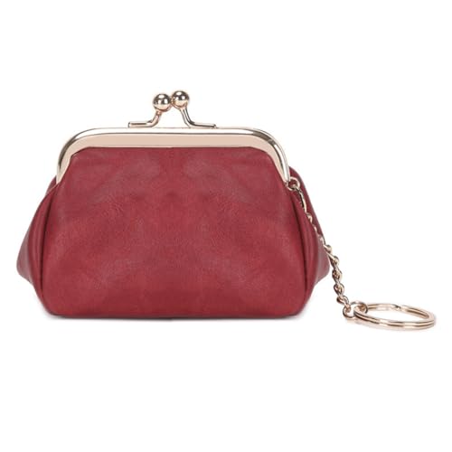 Women Retro Clip Purse PU Leather Clasp Wallet Lipstick Clutch Bag (Red)