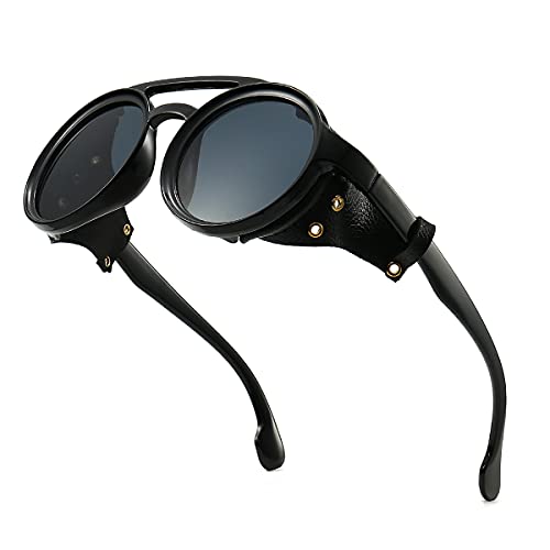 Round Steampunk Sunglasses For Men With Leather Side, UV400 Protection HD Lens, Retro Women Punk Goggles (Black)