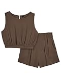 AUTOMET Women's Summer 2 Piece Outfits Shorts Sets Sleeveless Round Neck Crop Top Tank and High Waisted Shorts with Pockets Darkbrown M