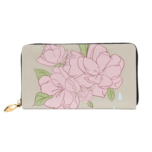 Leather Women Wallets, Long Credit Card Holder, Divided Peach Blossoms Print Billfold Clutch & Travel Purse Large Capacity