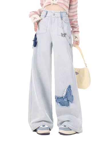 LAFOURAM Petite Jeans for Women 5 FT Short Wide Leg Baggy Y2K Butterfly Patchwork Denim Pants