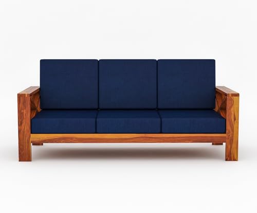 Image of Sheesham Wooden 5 Seater Sofa for Living Room | Rosewood 5 Seater Cushion Sofa X-Legs | Solid Wood Sofa Set for Lounge (3+1+1,Honey Finish)