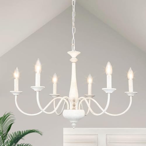 ASHUAQI Lampadario da soffitto, 6 luci, bianco invecchiato, vintage, stile rustico, per soggiorno, cucina, sala da pranzo, camera da letto