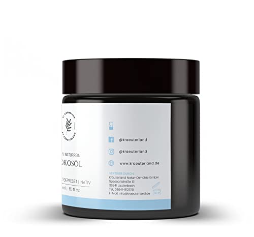 Kräuterland Bio Kokosöl 180ml Glastiegel - Hautpflege Kokosfett nativ, kaltgepresst, unraffiniert - Kokosnussöl für Haut & Haare - in Premium Qualität