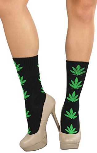 Image of ToBeInStyle Women's Crew Calf Fun Socks Marijuana Weed Leaf Print Novelty Statement Hosiery