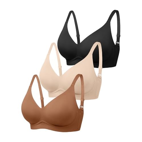 Wireless Jelly Bras for Women No Underwire - S-2XL Seamless Padded T-Shirt Bralette with Support, Full Coverage Comfort Bra Small Black+skin+coffee