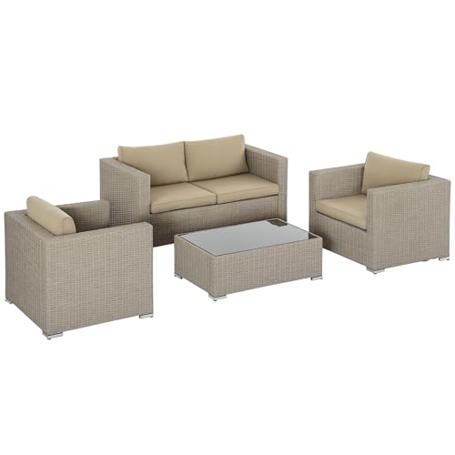 Outsunny 4-TLG. Polyrattan Gartenmöbel Set Gartengarnitur Garten-Set Sitzgruppe Loungeset Loungemöbel mit Couchtisch Sitzkissen Khaki+Beige
