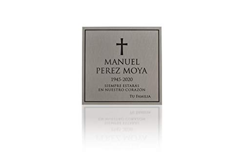 Placa Funeraria de Acero Inoxidable para Exterior e Interior Grabada en Relieve. Para colocar en Lápida, Nicho o Pared. Pintada y Barnizada. Cinta Doble Cara Ultra Fuerte. Diseño elegante