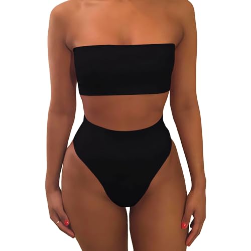 Womens Black Bandeau Bikini Set Strapless High Waisted Two Piece Swimsuit Tummy Control Bathing Suits OneSize 2-8