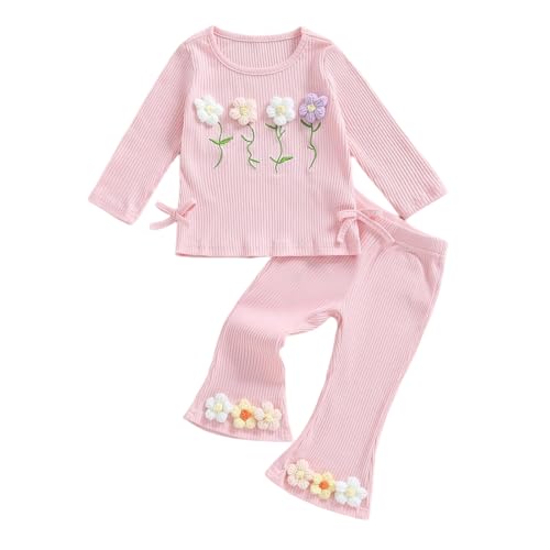 Toddler Girl 2Pcs Set Fall Outfits Crochet Flower Long Sleeve Round Neck Knit Tops + Elastic Waist Flared Pants