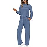 Slxbear Conjunto de dos piezas para mujer, conjunto de sudadera lisa de Reino Unido, cuello redondo, camiseta de manga larga y cintura elástica, pierna ancha, pantalones deportivos suaves y elásticos