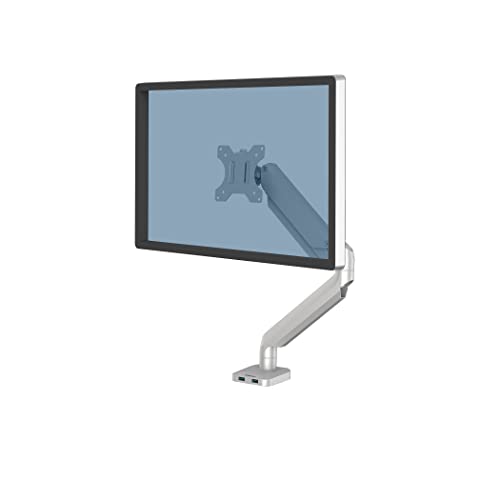 Image of Fellowes Platinum Series Single Monitor Arm for 40-Inch Monitors, Full Motion, 360 Rotation, VESA Mount with Grommet or Clamp, USB Ports, Ergonomic, Silver, 8056401