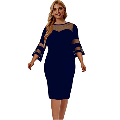 2022 Vestidos Corto para Mujer, Talla Grande Vestido Primavera Casual Manga Larga Malla Patchwork Cuello Redondo Elegante Negocio Slim Fit Vestidos Fiesta Moda Vestido de Noche cómodo Vestido