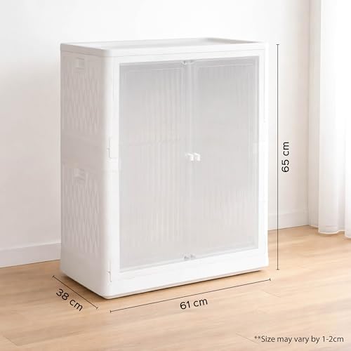 Image of HomeStrap Foldable Plastic Wardrobe for Clothes, Toys & Office | Stackable Storage Cabinet with Wheels, Transparent & Magnetic Doors | Multipurpose Organizer for Bedroom, Kitchen | White