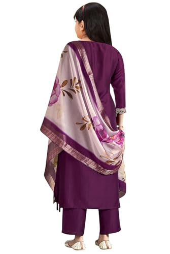 Image of Girls Ethnic Outfit | Embroidered Silk Girls Salwar Suit | Kurta Pant and Jacquard Dupatta Set