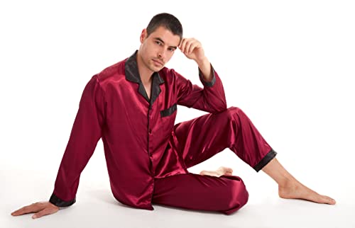 TONY & CANDICE Men's Classic Satin Pajama Set Sleepwear (Burgundy with Black Collar, XX-Large)