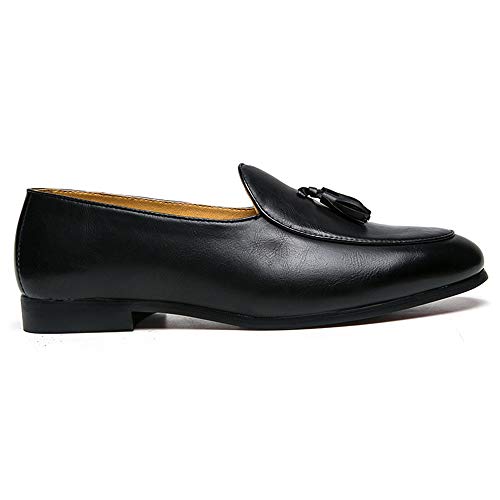 Loafer for Men Round Moc Toe Tassel Plain Low Block Heel Stitching Synthetic Leather Rubber Sole(Black,10 M US)2