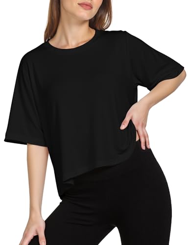 Buauty Womens Oversized Workout T-Shirt, Short Sleeve Crop Tops, Basic Casual Tshirts, Summer Loose Gym Athletic Tee Black