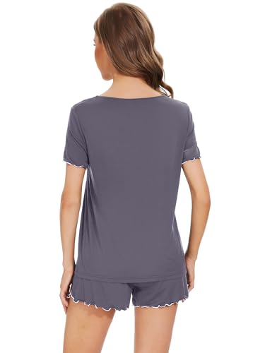 Image of WiWi Womens Pajamas Set Bamboo Viscose Super Soft Short Sleeve Top Ruffle Shorts Sleepwear Cooling Pj Sets S-XXL