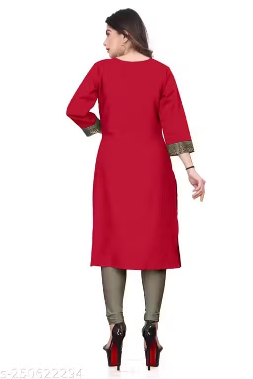 Image of Women Straight Woven Design Cotton Blend Round Neck 3 /4 Sleeve Kurti Only