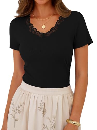 GKBK Short Sleeve Black Tops for Women Lace V Neck Cute Sexy Y2k Top Basic Tees Ribbed Fitted Shirts Going Out Summer Trending Fashion Clothes L — view 2