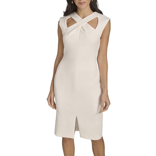 Image of Calvin Klein Women's Sleeveles Cutout Crossover Neckline Knee Length Crepe Sheath Dress