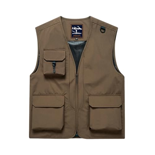 HYCOPROT Menâ€™s Outdoor Fishing Vest, Traveling Casual Sleeveless Vests for Men Lightweight Waterproof Work Utility Cargo Jacket Winter Outwear Tops with 5 Pockets for Hunting Hiking Golf Climbing