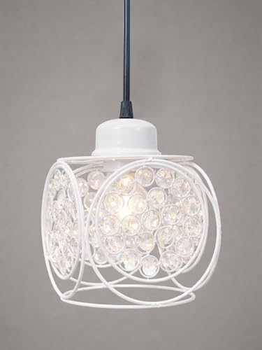 Image of Modern White Metal Crystal Pendant Light | Round Cage Hanging Ceiling Lamp | Decorative Chandelier Light for Living Room, Bedroom, Dining Area | Warm Ambient Lighting (Ring Cube White)