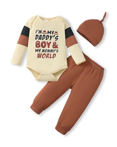 NZRVAWS Baby Boy Clothes Outfits 0-3 Months Newborn Baby Apricot Romper Printing Clothing Boy Outfits Fall Winter Hats Infant Pants Set for Preemie