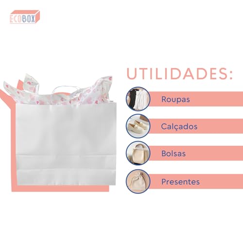 Kit 10 Sacolas De Presente Kraft Branca G Com Papel de Seda