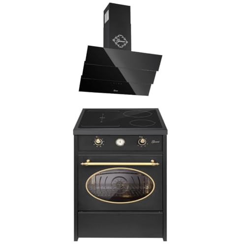 GURARI Herdset GCH E 612 BL r + GCH D 267 BL 6 Prime, Retro Induktions Standherd 60 cm, Range Coocker, 60 L, Schwarz + Dunstabzugshaube, Wandhaube 60 cm, 1000m3/h, Schwarz, Abluft/Umluft Haube