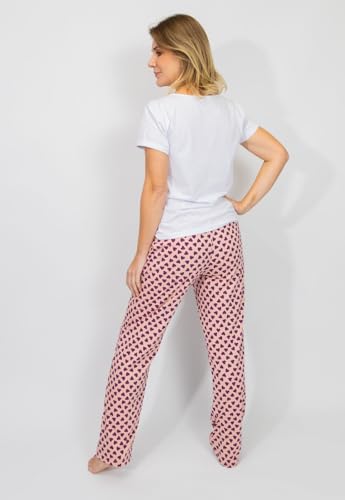 Pijama Feminino Adulto Manga Curta Algodão – Branco e Rose (BR, Alfa, 4G, Regular, Regular, Branco/R