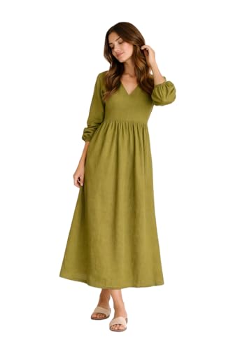 Women’s Linen Maxi Dress – Olive Green Long Sleeve V