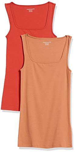 Amazon Essentials Camiseta sin Mangas de Corte Ajustado con Cuello Cuadrado Mujer, Pack de 2, Rojo Ladrillo/Caramelo Claro, XL